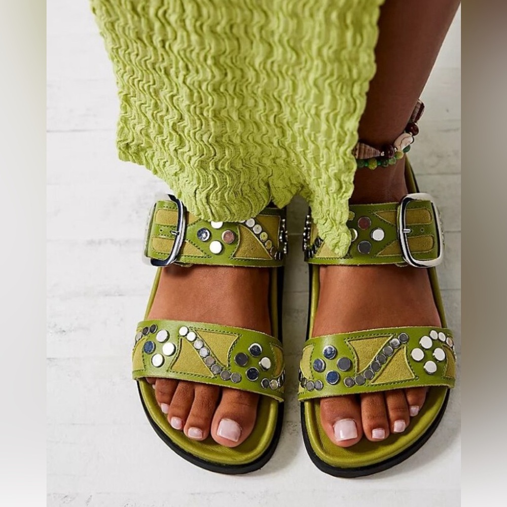 Free People Olive Green Studded Double-Buckle Sandals